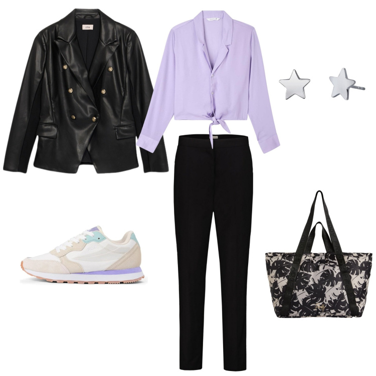 Outfit donna - Lunedì di Pasquetta. Stile Casual chic Abbinamento con camicie, orecchini, shopping bag, pantaloni, sneakers, blazer.