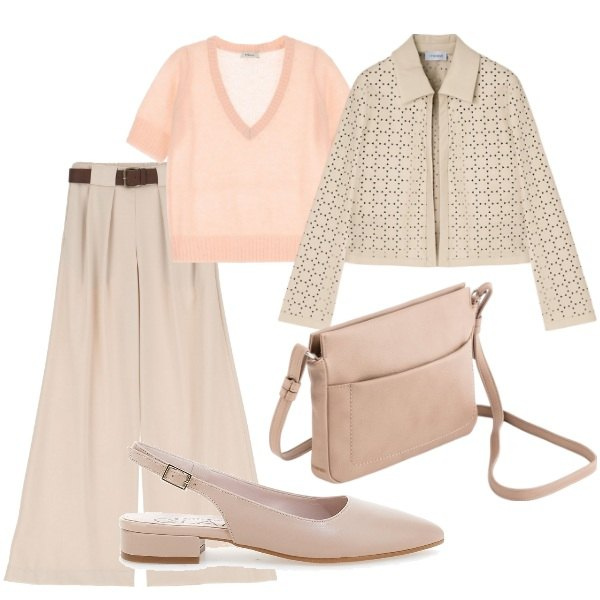 Outfit donna - Colori chiari. Stile Casual chic per Tutti i giorni. Abbinamento con pantaloni a palazzo, maglieria, ballerine, blazer, borse a tracolla.