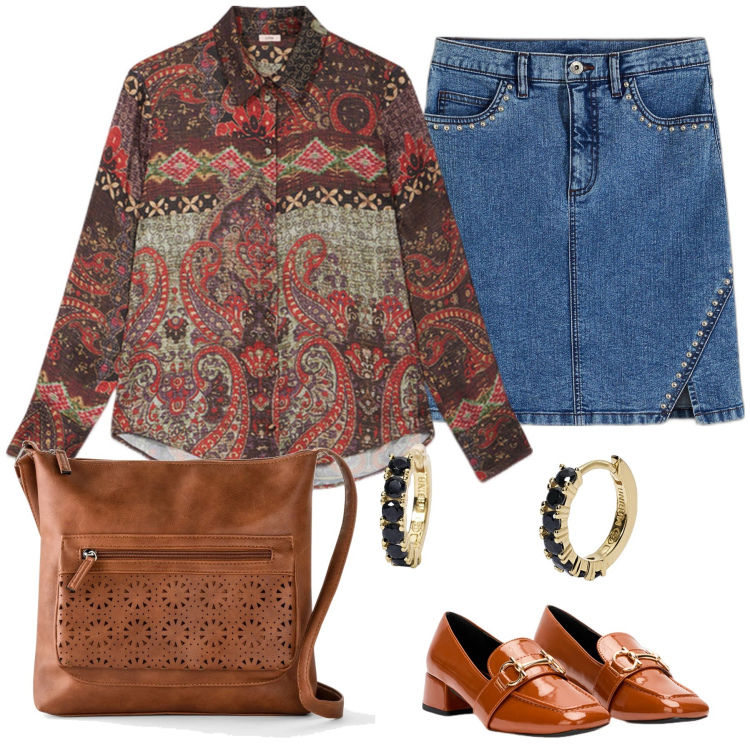 Outfit donna - Marrone. Stile Casual per Tutti i giorni. Abbinamento con borse a tracolla, minigonne, orecchini, camicie, mocassini.