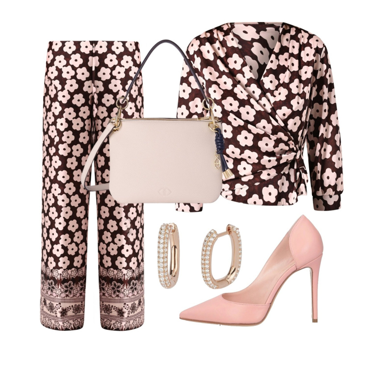 Outfit donna - Fiori protagonisti. Stile Romantica per Cerimonia. Abbinamento con décolleté, bluse, pantaloni a palazzo, orecchini, borse a tracolla.