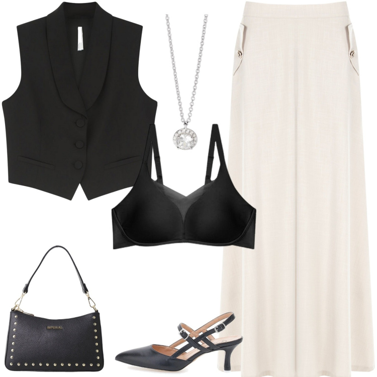 Outfit donna - Gonna e gilet monopetto. Stile Casual chic per Tutti i giorni. Abbinamento con collane, gonne, gilet, borse a spalla, décolleté, reggiseni.