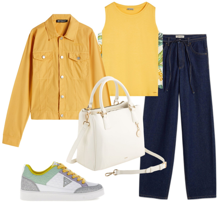Outfit donna - Giallo sole. Stile Casual per Tutti i giorni. Abbinamento con jeans, canottiere, blazer, sneakers, borse a mano.