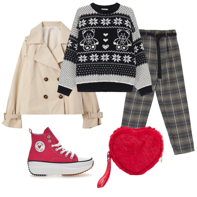Outfit donna - Cuore di pelo. Stile Casual per Tutti i giorni. Abbinamento con portafogli, trench, pantaloni, maglieria, sneakers.