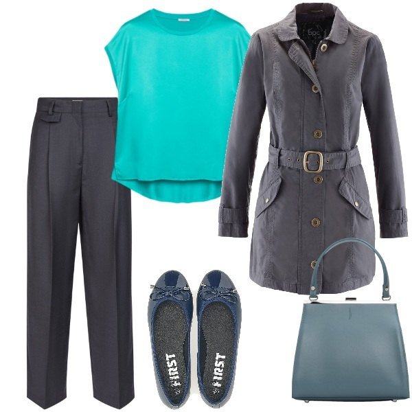 Outfit donna - Al lavoro. Stile Casual chic per Ufficio. Abbinamento con trench, ballerine, clutch, bluse, pantaloni.