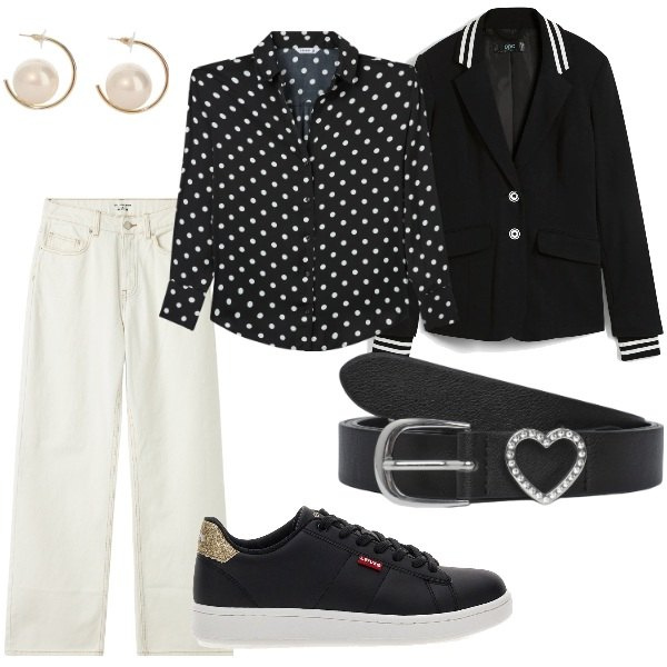 Outfit donna - In bianco e nero. Stile Casual per Tutti i giorni. Abbinamento con blazer, jeans, camicie, cinture, orecchini, sneakers.