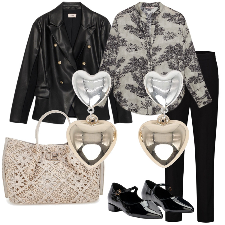 Outfit donna - Camicia alberi retro’. Stile Casual per Tutti i giorni. Abbinamento con orecchini, pantaloni, ballerine, camicie, borse a tracolla, blazer.