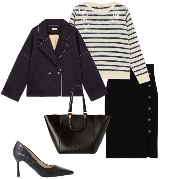 Outfit donna - In ufficio. Stile Minimal per Ufficio. Abbinamento con décolleté, gonne, shopping bag, blazer, maglieria.