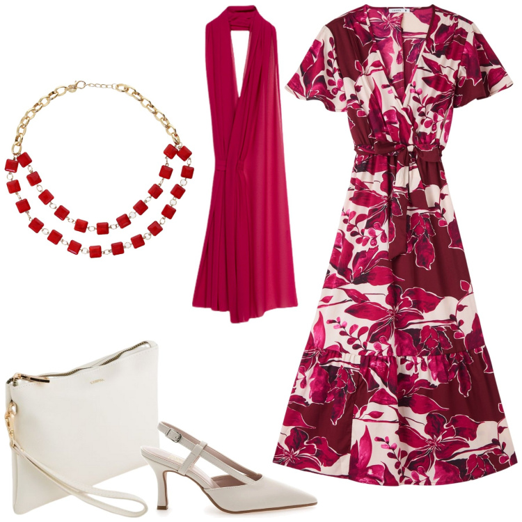 Outfit donna - Party di Primavera. Stile Chic per Serata fuori. Abbinamento con vestiti lunghi, collane, décolleté, stole, pochette.