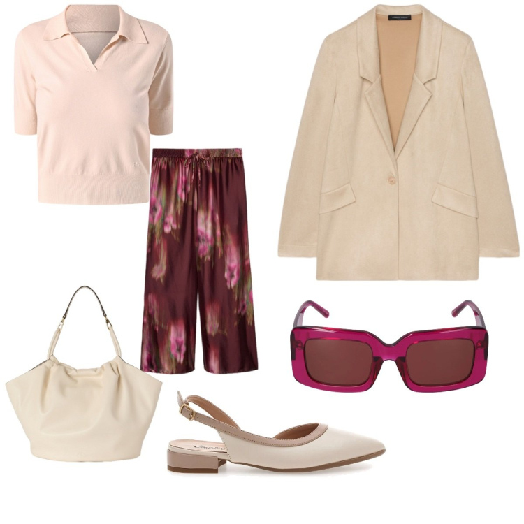 Outfit donna - Sunrise. Stile Casual chic per Tutti i giorni. Abbinamento con polo, blazer, ballerine, pantaloni a palazzo, occhiali da sole, borse a secchiello.