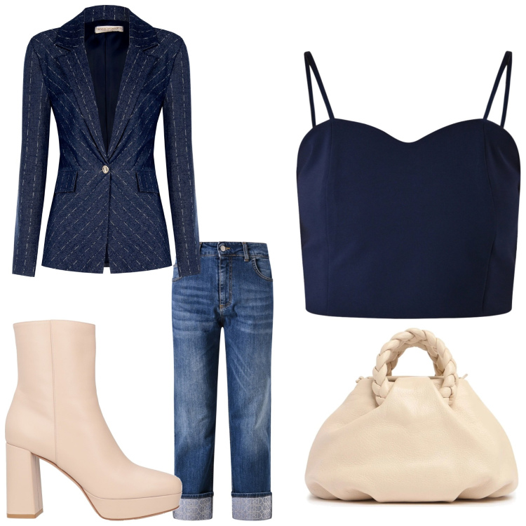 Outfit donna - Serata top. Stile Chic per Serata fuori. Abbinamento con stivaletti, canottiere, jeans dritti, blazer, borse a mano.