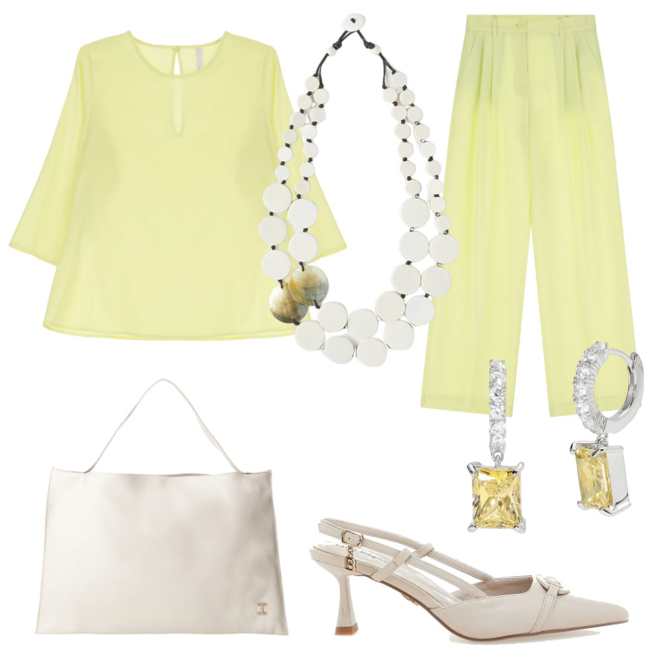 Outfit donna - Un completo e un colore fresco. Stile Chic per Serata fuori. Abbinamento con orecchini, pantaloni, bluse, borse a spalla, décolleté, ciondoli.