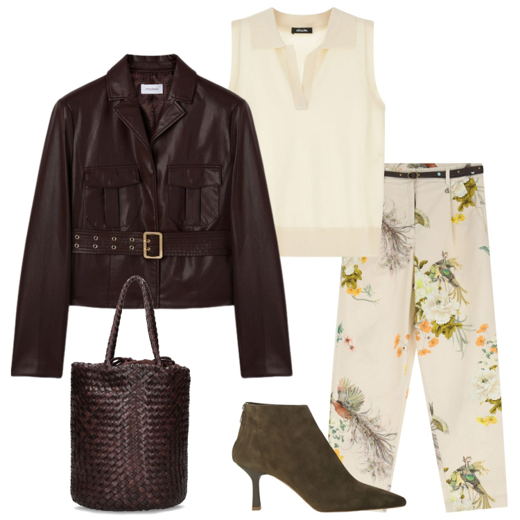 Outfit donna - Pantaloni fantasia. Stile Casual chic per Serata fuori. Abbinamento con stivaletti, maglieria, pantaloni chino, blazer, borse a mano.