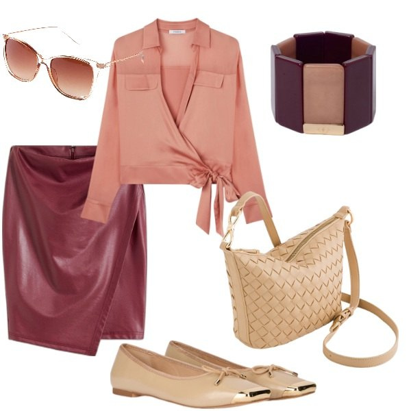 Outfit donna - Sfumature di colore. Stile Casual chic per Serata fuori. Abbinamento con occhiali da sole, gonne, camicie, borse a tracolla, ballerine, braccialetti.