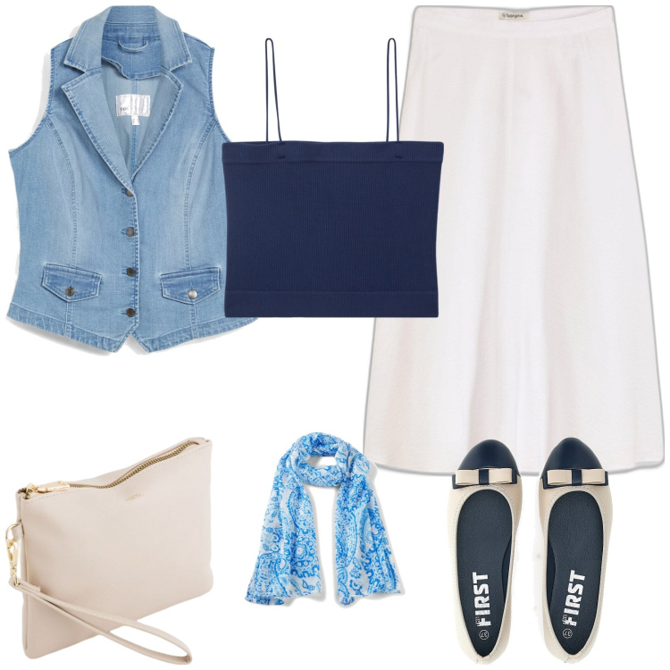 Outfit donna - Gilet di jeans e longuette bianca. Stile Casual per Tutti i giorni. Abbinamento con sciarpe, gonne longuette, gilet, canottiere, ballerine, pochette.