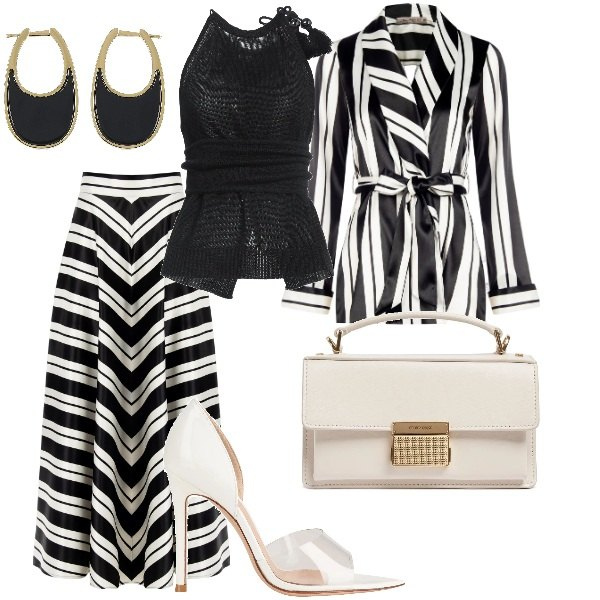 Outfit donna - Ricercata in bianco e nero. Stile Glamour per Cerimonia. Abbinamento con top, décolleté, gonne, blazer, orecchini, borse a mano.