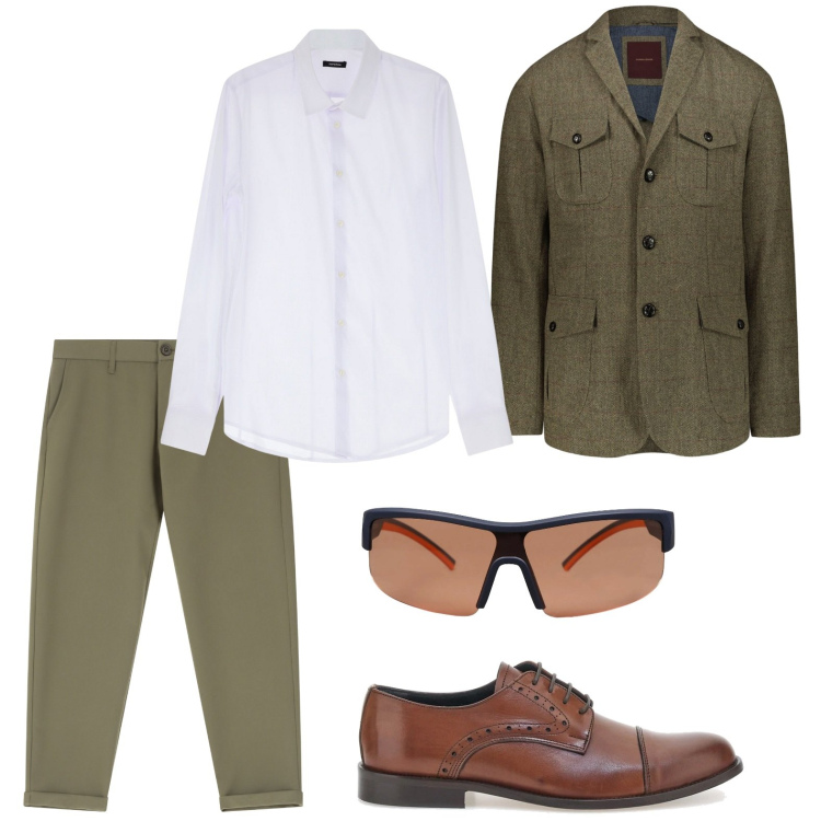 Outfit uomo - Comfort in ufficio. Stile Casual per Ufficio. Abbinamento con occhiali da sole, pantaloni chino, camicie, scarpe stringate, giacche.