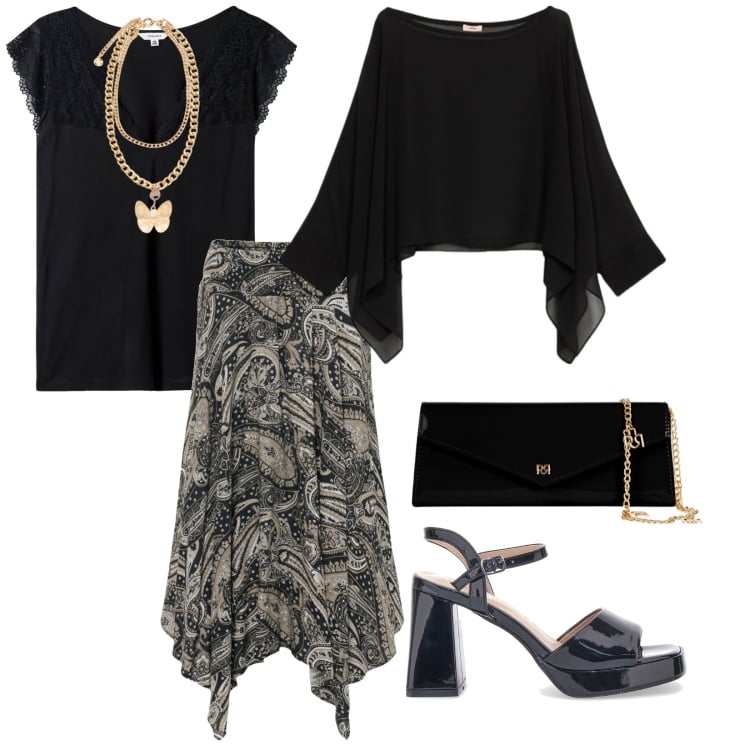 Outfit donna - Mettilo quando vuoi. per Serata fuori. Abbinamento con gonne longuette, top, pochette, sandali col tacco, collane, bolero.