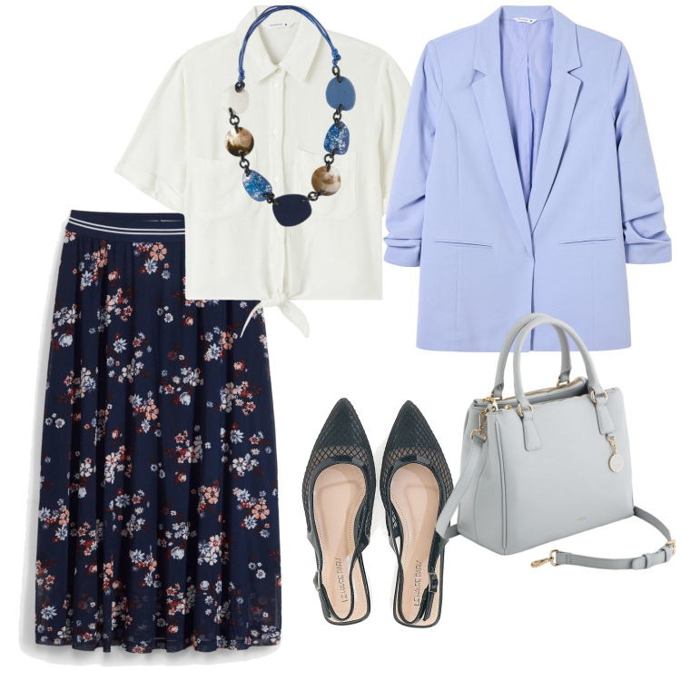 Outfit donna - A scuola. per Scuola/Università. Abbinamento con gonne longuette, camicie a manica corta, blazer, collane, ballerine, borse a mano.