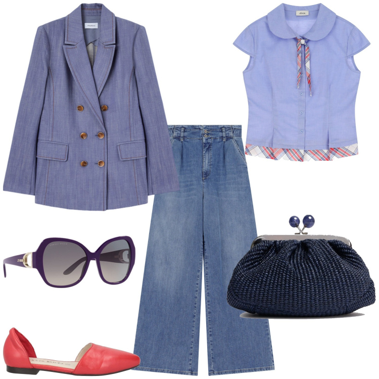 Outfit donna - Ballerine. Stile Glamour per Tutti i giorni. Abbinamento con ballerine, jeans, camicie a manica corta, occhiali da sole, pochette, blazer.