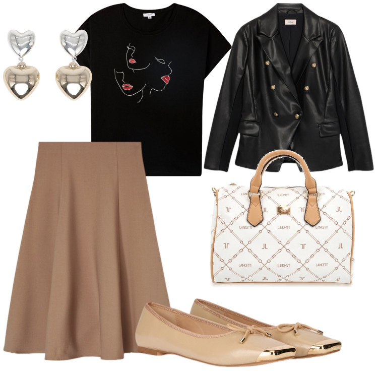 Outfit donna - Mettilo quando puoi. per Tutti i giorni. Abbinamento con t-shirt, orecchini, ballerine, blazer, borse a mano, gonne longuette.