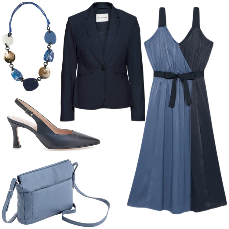 Outfit donna - Polvere di Stelle. Stile Bon Ton per Cerimonia. Abbinamento con blazer, décolleté, vestiti, borse a tracolla, collane.