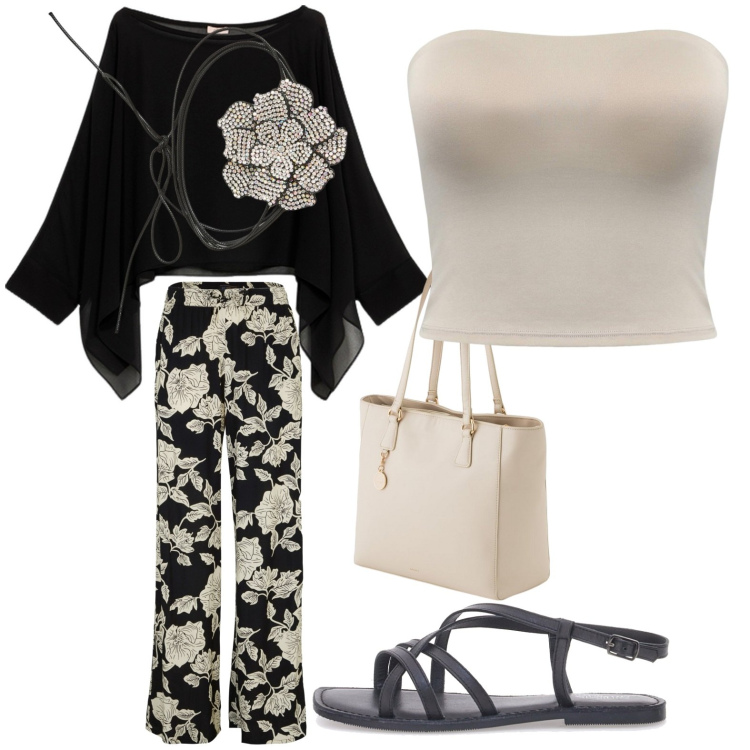 Outfit donna - Appuntamento romantico. Stile Casual chic per Serata fuori. Abbinamento con pantaloni a palazzo, collane, top, sandali in pelle, bolero, shopping bag.