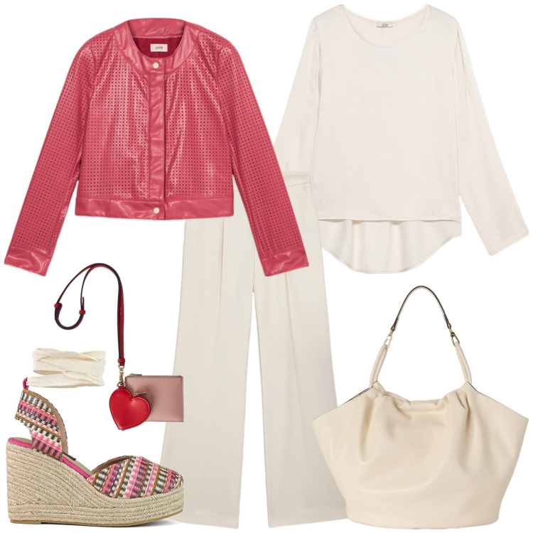 Outfit donna - Motivi, Oltre, Carpisa trendy. Stile Trendy per Tutti i giorni. Abbinamento con zeppe, giacche, pantaloni a palazzo, bluse, borse a secchiello, portafogli.