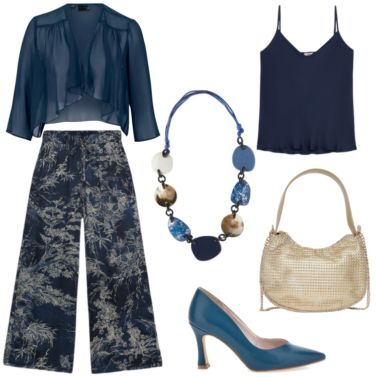 Outfit donna - Oro e Blu. Stile Casual chic per Serata fuori. Abbinamento con blazer, borse a spalla, décolleté, pantaloni a palazzo, top, collane.