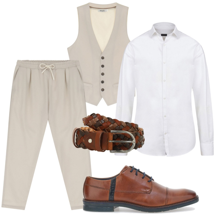 Outfit uomo - Gilet e camicia. Stile Casual per Tutti i giorni. Abbinamento con pantaloni, cinture, gilet, scarpe stringate, camicie.