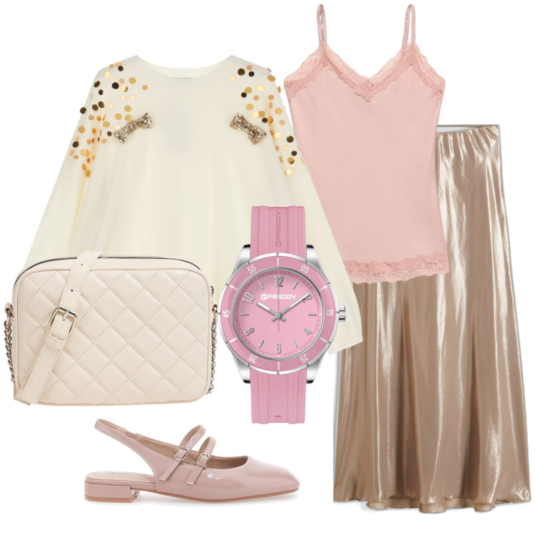 Outfit donna - Orologio rosa. Stile Casual chic per Tutti i giorni. Abbinamento con gonne longuette, borse a tracolla, maglieria, orologi, ballerine, top.