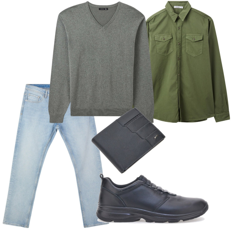 Outfit uomo - Trendy. Stile Trendy per Tutti i giorni. Abbinamento con jeans, camicie, maglieria, portafogli, scarpe stringate.