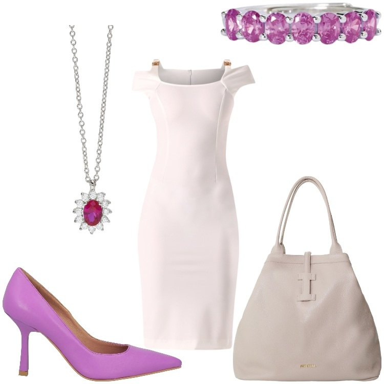 Outfit donna - Lilla. Stile Chic per Serata fuori. Abbinamento con décolleté, vestiti a tubino, anelli, collane, borse tote.