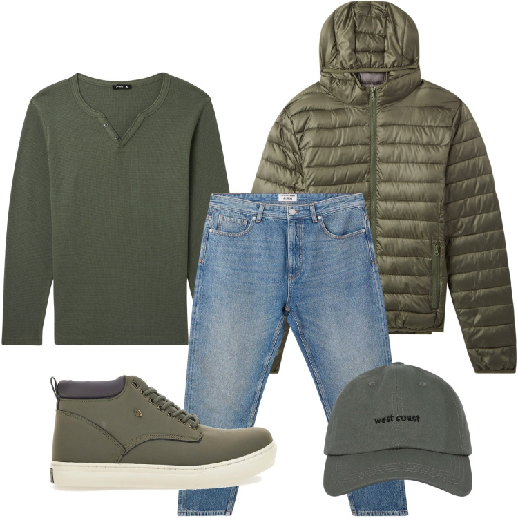 Outfit uomo - Green day. Stile Casual per Tutti i giorni. Abbinamento con piumini, jeans, t-shirt, cappelli con visiera, stivali e stivaletti.