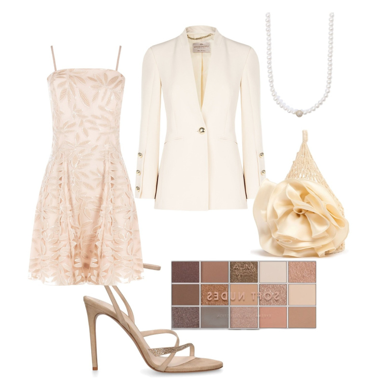 Outfit donna - New Style. Stile Glamour per Cerimonia. Abbinamento con ombretti, collane, vestiti corti, blazer, borse a mano, sandali in pelle.