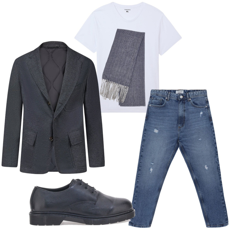 Outfit uomo - Stiloso in giacca. Stile Casual per Serata speciale. Abbinamento con t-shirt, jeans strappati, sciarpe, giacche, scarpe stringate.