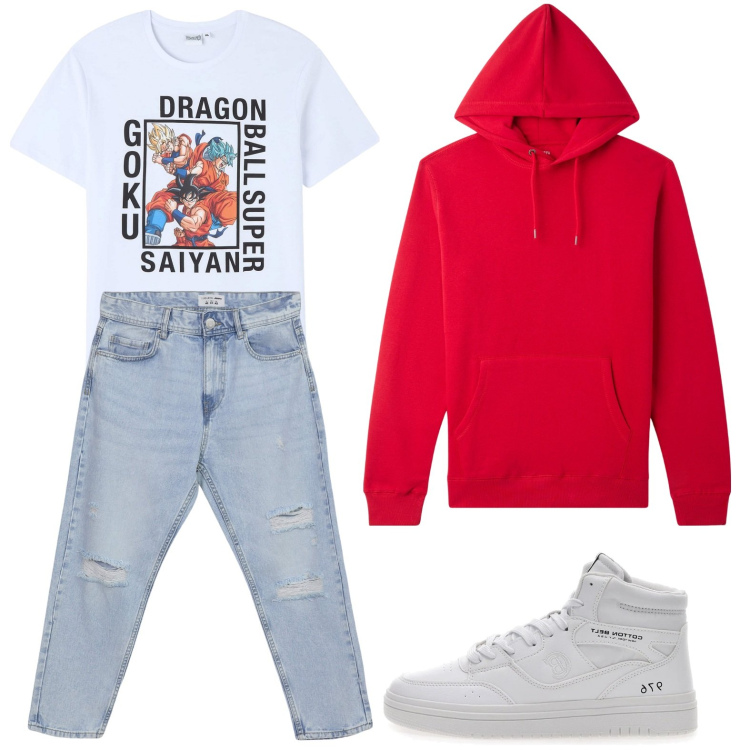 Outfit uomo - Denim strappato. Stile Casual per Tutti i giorni. Abbinamento con t-shirt, felpe con cappuccio, jeans strappati, sneakers.