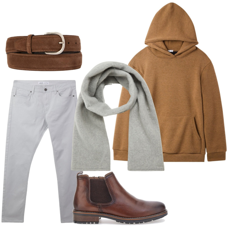 Outfit uomo - Felpa e jeans. Stile Casual per Tutti i giorni. Abbinamento con pantaloni skinny, sciarpe e foulard, felpe, cinture, scarpe stringate.