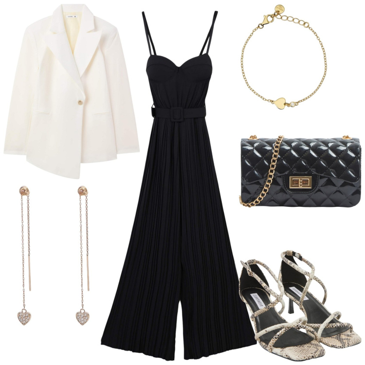 Outfit donna - Una serata speciale. Stile Chic per Serata fuori. Abbinamento con sandali col tacco, borse a tracolla, blazer, tute, orecchini, braccialetti.
