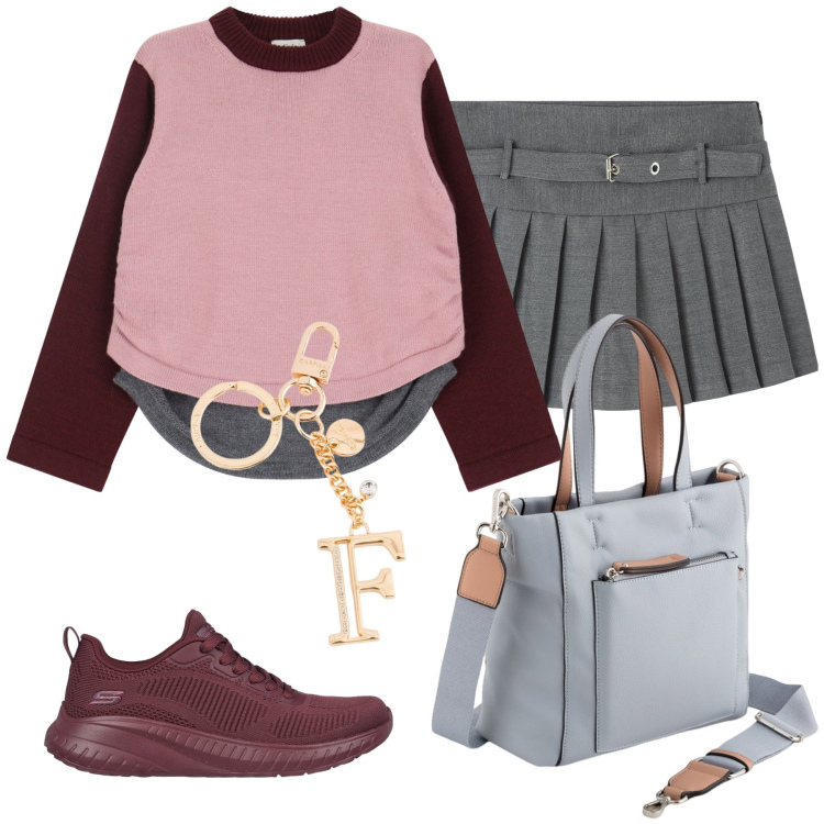 Outfit donna - Minigonna grigia. Stile Casual per Tutti i giorni. Abbinamento con minigonne, pullovers, sneakers, borse a mano, portachiavi.