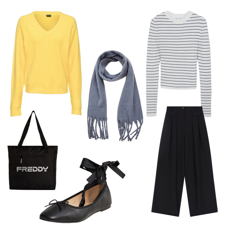 Outfit donna - Passeggiate nordiche. Stile Casual chic per Tutti i giorni. Abbinamento con maglieria, maglieria, ballerine, sciarpe, shopping bag, pantaloni.