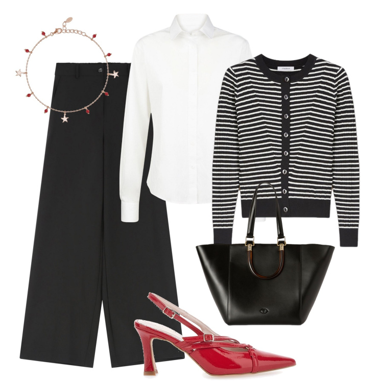 Outfit donna - Décolleté rosse a contrasto. Stile Glamour per Ufficio. Abbinamento con braccialetti con ciondoli, pantaloni a palazzo, décolleté, camicie, shopping bag, cardigans.