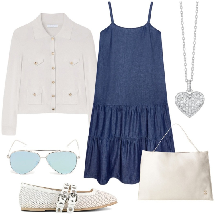 Outfit donna - Passeggiata al mare. Stile Casual chic per Tutti i giorni. Abbinamento con collane, borse a spalla, ballerine, vestiti lunghi, occhiali da sole, cardigans.