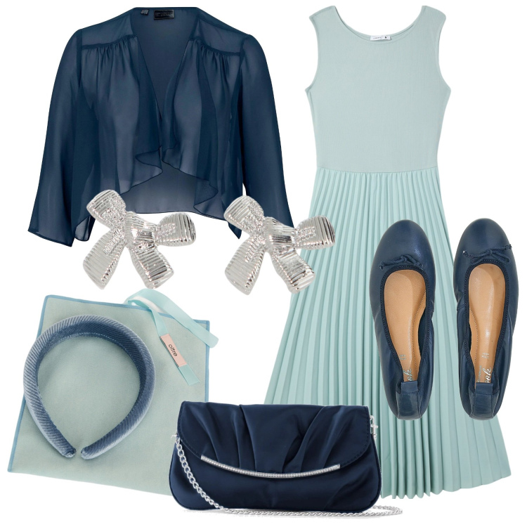 Outfit donna - Cerimonia Teen. Stile Bon Ton per Cerimonia. Abbinamento con blazer, pochette, vestiti lunghi, orecchini, ballerine, cerchietti.