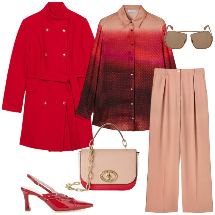 Outfit donna - Ufficio. Stile Chic per Ufficio. Abbinamento con décolleté, camicie, occhiali da sole, borse a tracolla, pantaloni a palazzo, cappotti.