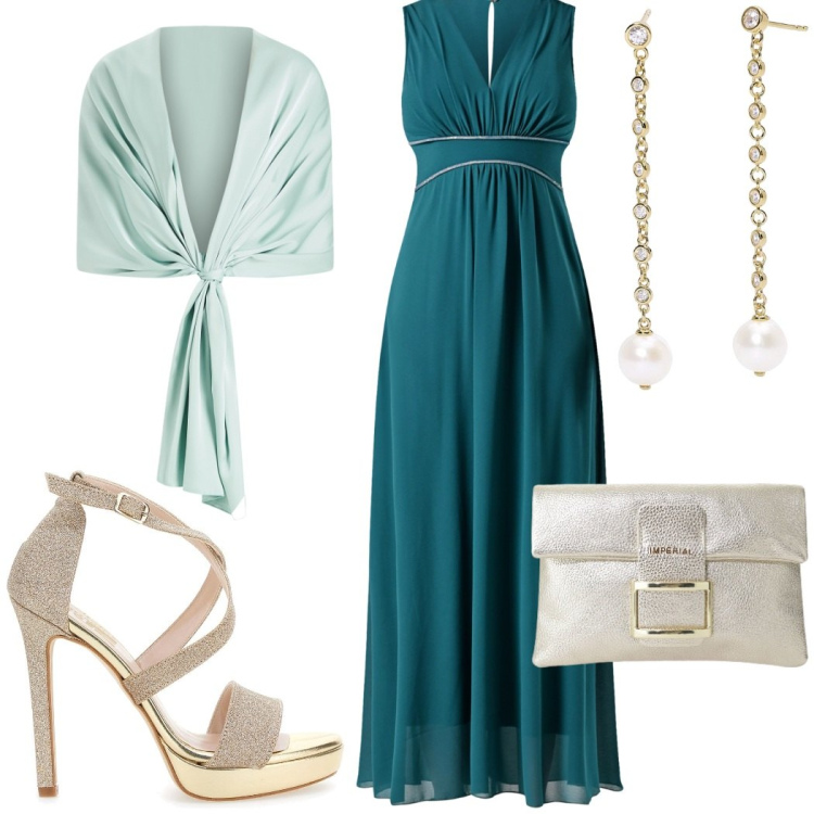 Outfit donna - La damigella della sposa. Stile Glamour per Cerimonia. Abbinamento con pochette, orecchini, vestiti lunghi, stole, sandali col tacco.