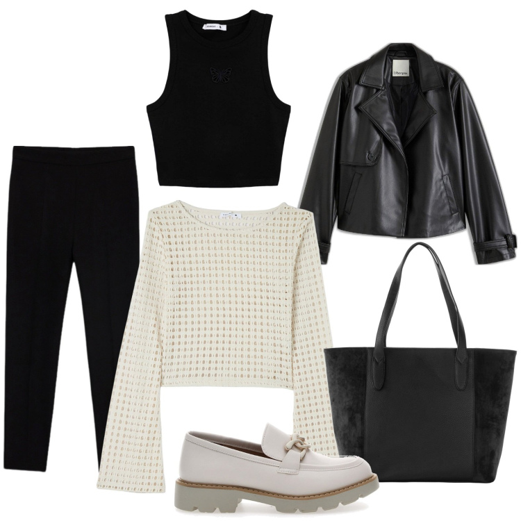 Outfit donna - Nero in città. Stile Urban per Tutti i giorni. Abbinamento con shopping bag, trench, maglieria, canottiere, mocassini, pantaloni skinny.