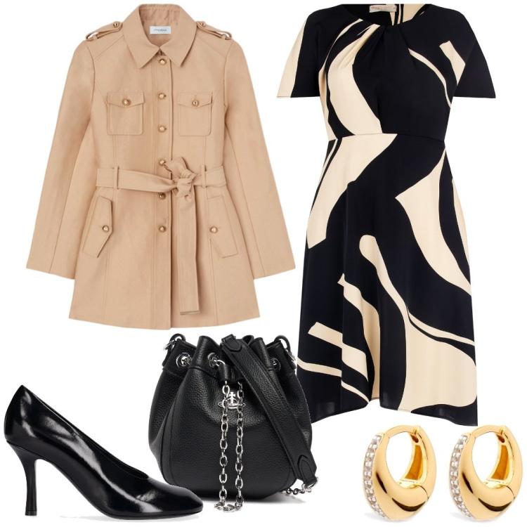 Outfit donna - Un evento da presenziare. Stile Chic per Cerimonia. Abbinamento con vestiti corti, trench, borse a mano, orecchini, décolleté.