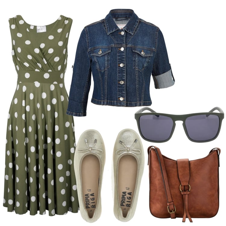 Outfit donna - Primavera. Stile Romantica per Tutti i giorni. Abbinamento con vestiti, blazer, borse a tracolla, ballerine, occhiali da sole.