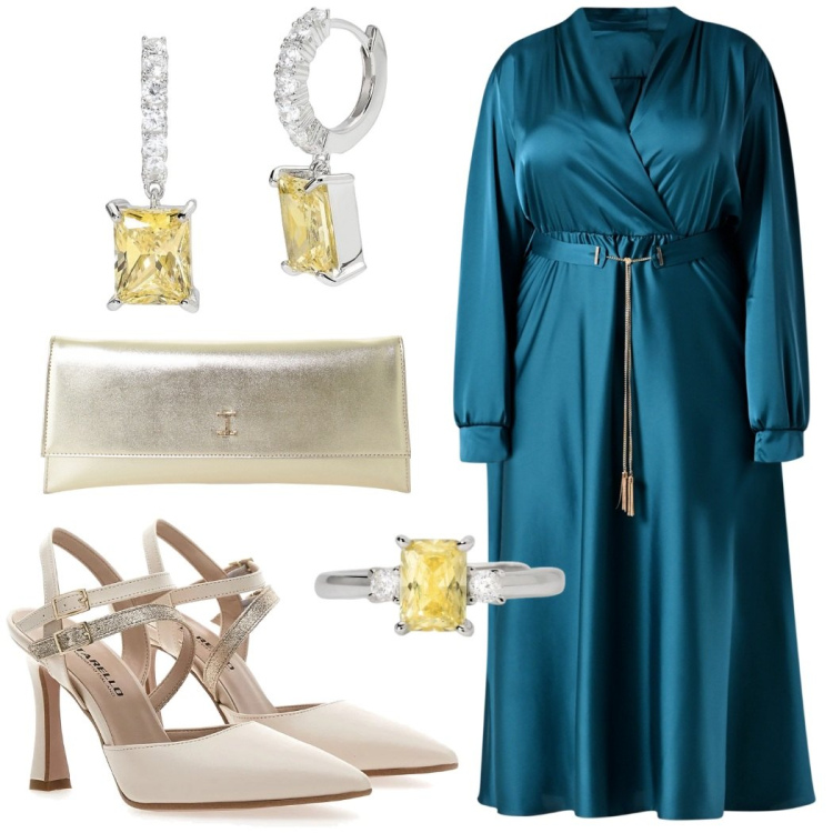 Outfit donna - Cerimonia in primavera. Stile Glamour per Cerimonia. Abbinamento con orecchini, anelli, vestiti midi/longuette, pochette, décolleté.