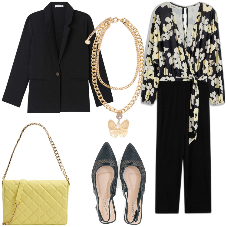 Outfit donna - Tuta intera a fiori. Stile Casual chic per Tutti i giorni. Abbinamento con tute, blazer, borse a tracolla, ballerine, collane.